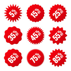 Price tags collection, special offer or shopping discount label with percent, discount percentage value. Red turned retail paper sticker. Promotional sale badge. Vector illustration