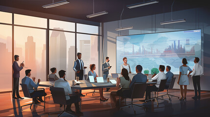 Conference room meeting with men and women looking at presentation business casual illustration drawing