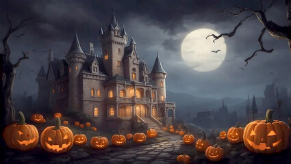 Halloween night background image with spooky castle and smile pumpkins - obrazy, fototapety, plakaty