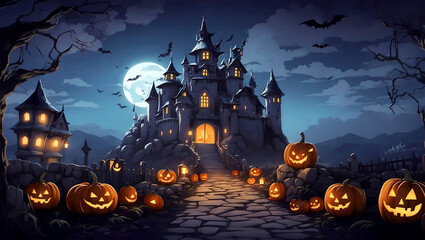 Halloween midnight background image with spooky castle and smile pumpkins cartoon style - obrazy, fototapety, plakaty