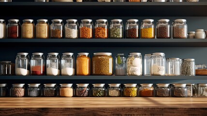 a set of glass jars neatly arranged, each filled with vibrant spices, capturing the essence of contemporary culinary aesthetics.