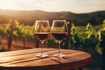 Two glasses of red wine on a wooden table in a vineyard. Generative AI