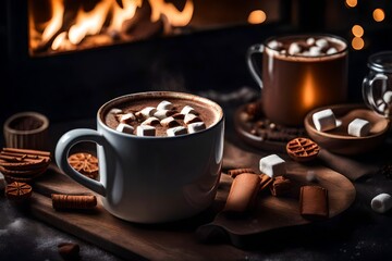 Savor the warmth of a crackling fireplace with a steaming cup of coffee, rich chocolate, and a sprinkle of comforting cinnamon, creating a perfect fireside indulgence.