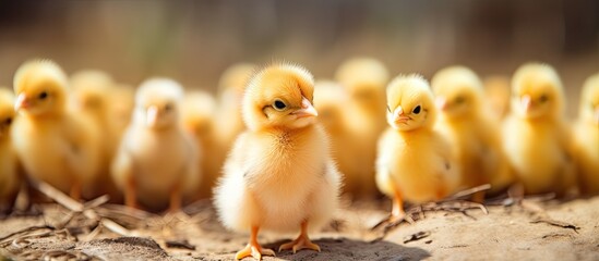 Selective focus photography captures a little fluffy baby chicken among others from the brood