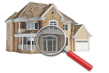 Real estate concept house isolated on png isolated background. magnifying glass and house concept. Modern family home under a magnifying, 3d illustration