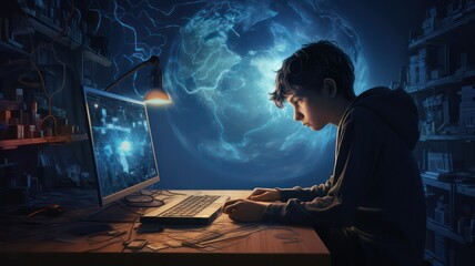 Young boy playing computer in his room created with Generative AI - obrazy, fototapety, plakaty
