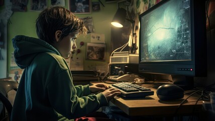 Young boy playing computer in his room created with Generative AI