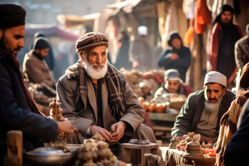 Glimpses of Kabul's Vibrant Chicken Street Bazaar: Candid Snapshots of Locals and Tourists Interacting Amidst Stalls Laden with Handicrafts and Traditional Treasures.

