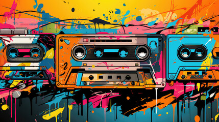 retro pop art cassette tapes - obrazy, fototapety, plakaty
