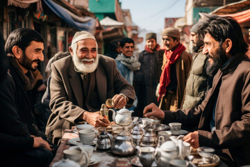 Glimpses of Kabul's Vibrant Chicken Street Bazaar: Candid Snapshots of Locals and Tourists Interacting Amidst Stalls Laden with Handicrafts and Traditional Treasures.

 - obrazy, fototapety, plakaty