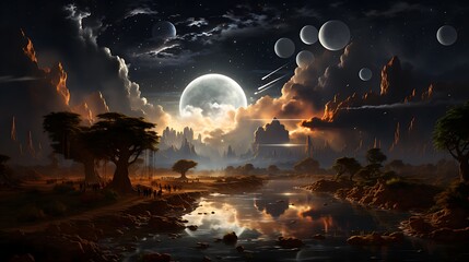 night fantasy landscape with moon and planets