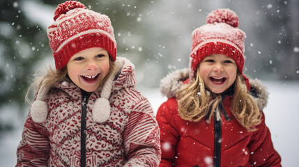 Children’s Christmas portrait outside. Decorated Christmas tree in snowy winter holidays outdoor. Happy children having fun..