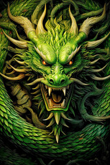 Fototapeta premium Green fantasy dragon. Chinese New Year 2024 zodiac sign, year of the Dragon. Mythological creature. Illustration of fantastic monster for postcard, book, poster, banner.