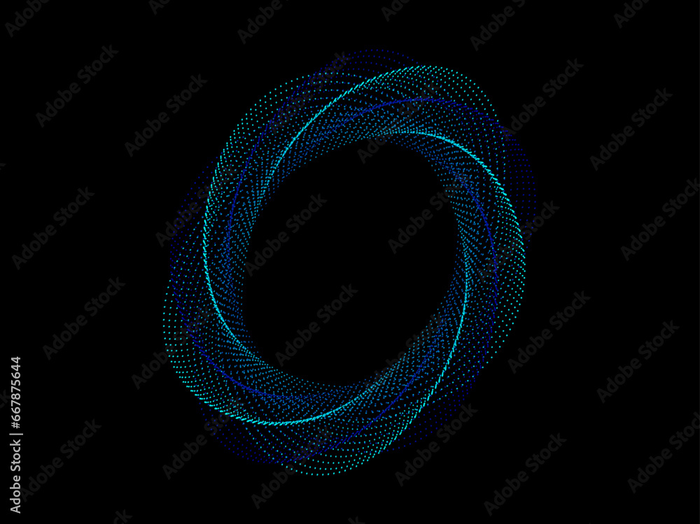 Poster abstract circle line pattern spin blue green light isolated on black background in the concept of mu