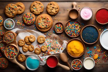 A delightful array of freshly baked cookies displayed on a table alongside their scrumptious ingredients, promising the joy of indulgence and the art of baking. - obrazy, fototapety, plakaty