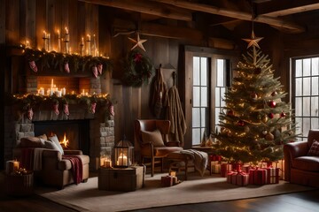 Fototapeta na wymiar A cozy fireplace adorned with candles, alongside a beautifully decorated Christmas tree, creating a warm and inviting setting for holiday gatherings and celebrations.
