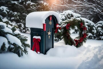 A snowy mailbox adorned for Christmas, featuring a charming wreath that adds a touch of holiday magic to the wintry scene.