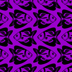 simple seamless pattern of black graphic fish on a purple background, texture, design