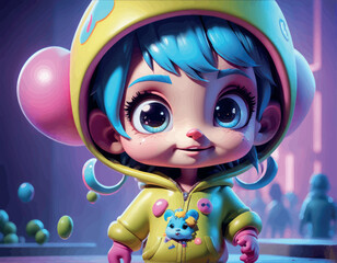 3d cartoon girl in blue costume with a toy.cute cartoon girl in a pink hoodie and blue jacket in a bright blue suit. 3d illustration.3d cartoon girl in blue costume with a toy.