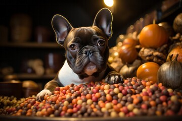French bulldog with a lot of food around him