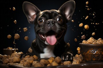 French bulldog with a lot of food around him