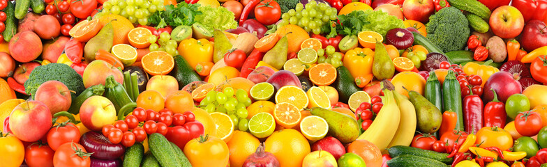 Assorted fresh ripe fruits and vegetables. Food concept background. Top view.