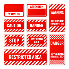 Various white and red warning signs with diagonal lines. Attention, danger or caution sign, construction site signage. Realistic notice signboard, warning banner, road shield. Vector illustration