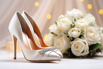 Wedding background. White elegant high heel wedding bridal shoes and beautiful white roses flower bouquet