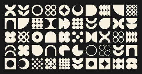 Brutalist geometric shapes, symbols. Simple primitive elements and forms. Bauhaus retro design, trendy contemporary minimalist style. Vector illustration