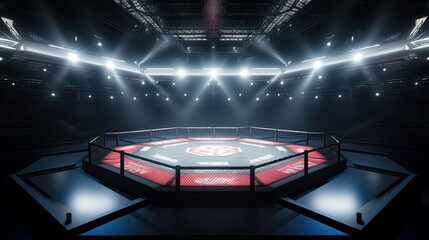 Octagon ring for MMA, boxing and mixfight classes. Sports arena and spotlights. Stadium for shows - obrazy, fototapety, plakaty