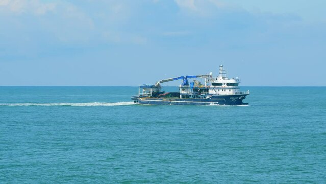 Fishing Boat In The Black Sea. Clear Good Weather In Morninng. Still.