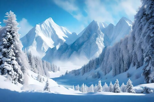 A mesmerizing winter scene, as a pristine blanket of snow covers the rugged mountain terrain, creating a serene and breathtaking landscape of pure, white beauty.