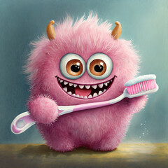 cute little fluffy monster toothbrush brush teeth funny pink