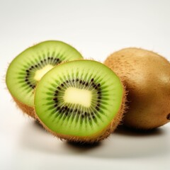 Two kiwis cut in half on a white surface. Photorealistic, on white background
