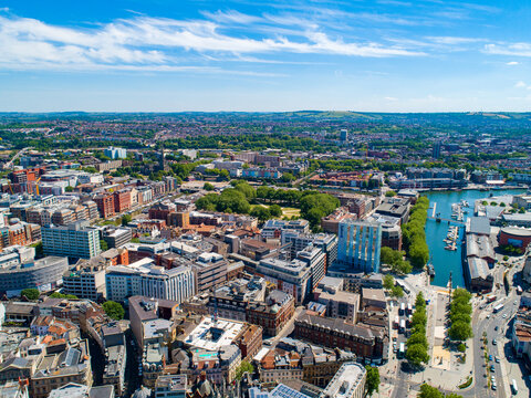 A drone's eye view of the city of Bristol, England, on a sunny, summer day