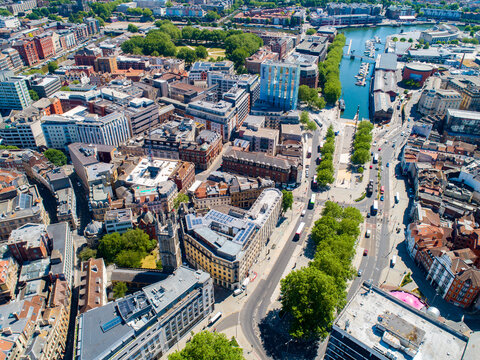 A drone's eye view of the city of Bristol, England, on a sunny, summer day