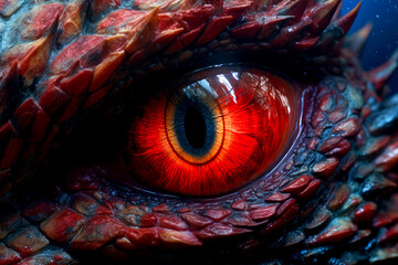 Close-up of fantasy dragon eye. Mythological evil. Dangerous creature - obrazy, fototapety, plakaty