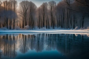 A serene image capturing the reflection of trees in calm, glistening water, creating a tranquil and picturesque scene.