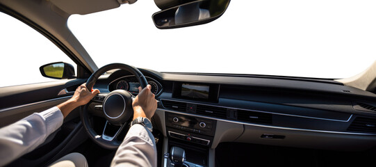 Hand holding the steering wheel. Generic car panel. Driver's Point of View. Driver's Perspective. Transparent PNG.  - obrazy, fototapety, plakaty