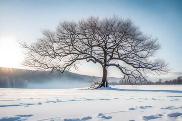 A lone tree standing tall in a snow-covered landscape, its bare branches reaching out into the winter sky, creating a serene and minimalist winter scene