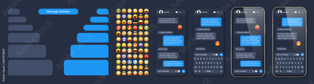 Poster smartphone messaging app, user interface with emoji. sms text frame. chat screen, blue message bubbl