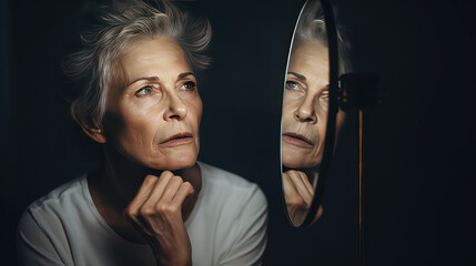 Elderly woman looking in the mirror. Creative concept of old age, retirement, aging skin and wrinkles. Reflection in the mirror of older woman. 