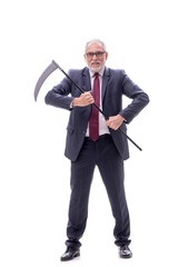 Obraz premium Old businessman holding scythe isolated on white