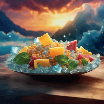 3d render of fresh fruit and milk on wooden plate on blue background 3d render of fresh fruit and milk on wooden plate on blue background fresh organic mango with ice cubes on a dark background