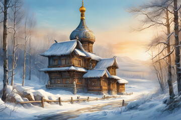 Siberia style building in winter watercolor style generative ai