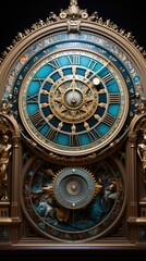 Obraz premium A gold clock with blue roman numerals on it. AI image. Imaginary astrological clock.