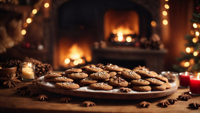 Biscotti di pan di zenzero con atmosfera natalizia, caminetto e luci di Natale