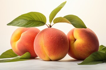Fototapeta na wymiar Three peaches with leaves on a white surface. Photorealistic, on white background