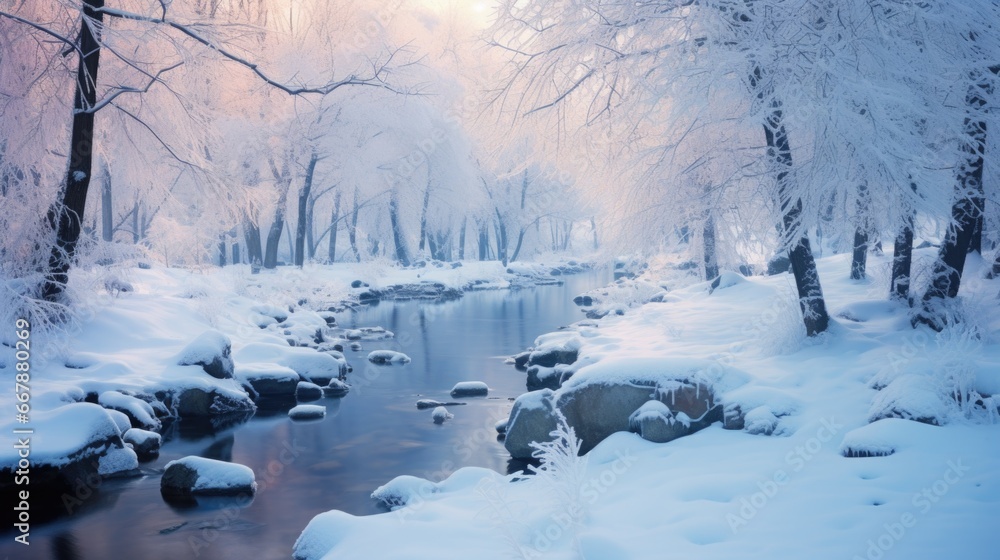 Poster a stream running through a snow covered forest.