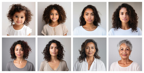 collage of latin racial female portraits of different ages, made with generative AI